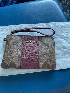 Coach Brown Signature Canvas Wristlet with Rose Stripe